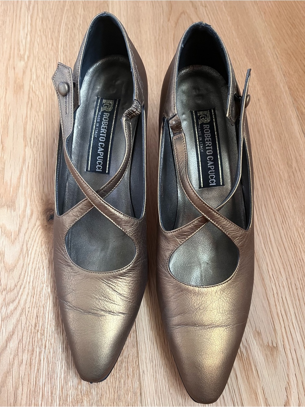 Vintage Roberto Capucci Metallic Bronze Pointed Cross-Strap Heels